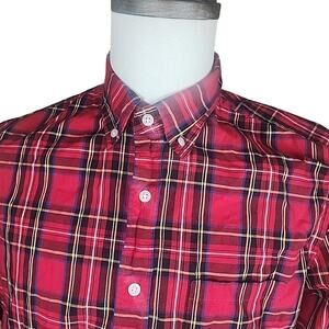 J Crew Shirt Men Large Red Navy Plaid Check Flex Washed Slim LS Button Down